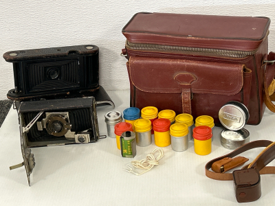 VINTAGE/ANTIQUE KODAK CAMERAS FROM EARLY 1900’S (FOR DISPLAY ONLY), LEATHER CARRYING CASE AND MORE