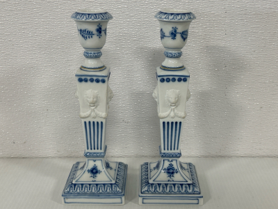 2 ROYAL COPENHAGEN BLUE FLUTED CANDLESTICK HOLDERS WITH LION HEADS