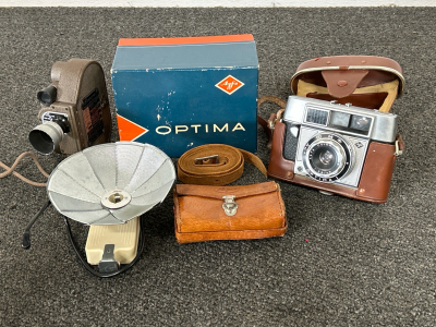 VINTAGE OPTIMA CAMERA WITH CASE AND EXTRA STRAP, REVERE-EIGHT MODEL 88 MOVIE CAMERA AND ALPEX POCKET FLASH (FOR DISPLAY ONLY)