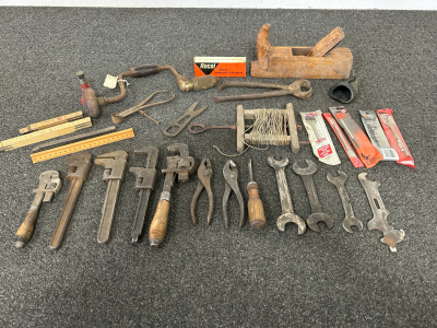 VINTAGE BLOCK PLANE FOR WOODWORKING, WRENCHES, PIPE WRENCHES, FOLDING RULERS AND MORE