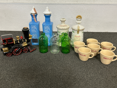 VINTAGE LIQUOR DECANTERS (5), NESTLÉ’S STONE MUGS (6) AND ANCHOR HOCKING THOMAS JEFFERSON BICENTENNIAL BOTTLES (3)