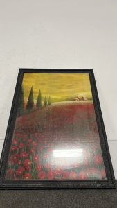 LARGE FRAMED PICTURE W/ MEDOW OF POPPIES AND VILLAGE