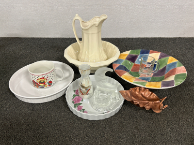 CORNINGWARE DISHES, GLASSWARE AND PITCHER AND BASIN