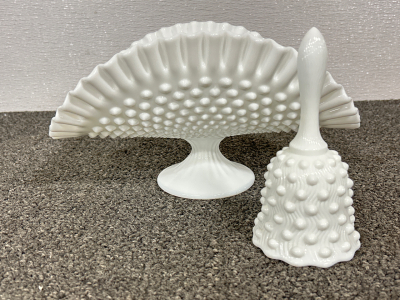 VINTAGE FENTON HOBNAIL BANANA DISH AND BELL