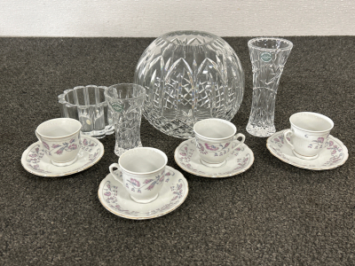 LENOX FINE CRYSTAL FLOWER VASES (6" AND 4") AND REALTY FINE PORCELAIN TEA SET