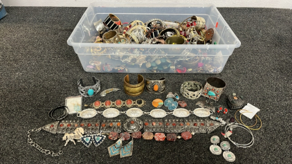 CLEAR TUB W/ FASHION JEWELRY BRACELETS, PINS, EARRINGS, STONES AND MORE