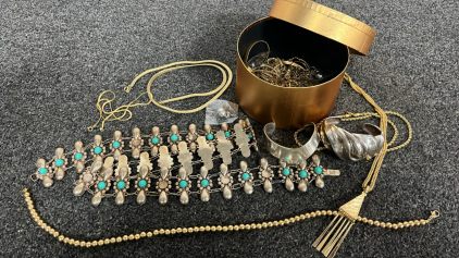 GOLD LIKE CHAINS/NECKLACES, NATIVE BELT ( MISSING STONES) AND MORE