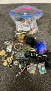 BAG OF JEWELRY, STONES, KEYCHAINS BRACELETS AND MORE