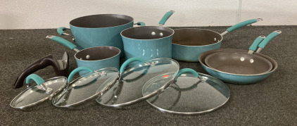 RACHAEL RAY PORCELAIN NON STICK COOKWARE 10 PEICE SET- CUTCO KNIFE SHARPENER