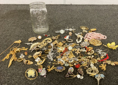 JAR OF COSTUME JEWELRY- RINGS,PINS,WATCHES,EARRINGS