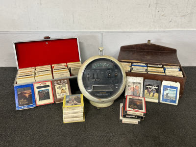 VINTAGE 1960S- 8 TRACK PLAYER (POWERS ON), AND 8-TRACK TAPES (APPROX. 58)