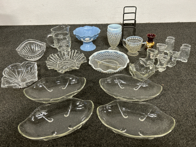 VINTAGE VICTORIAN ROSE PEDESTAL DISH, VINTAGE MOONSTONE/TRANSLUCENT HOBNAIL (3) AND VARIOUS SERVING DISHES, SHOT GLASSES AND NAPKIN HOLDER