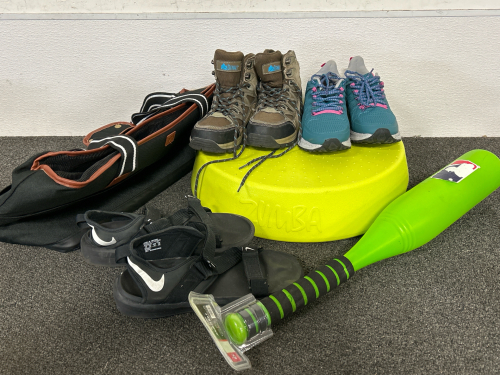 MENS NIKE SANDALS (SIZE 11), WOMENS SHOES (SIZES 8-8.5), ZUMBA STEP, SMALL ANIMAL TRAVEL BAG AND PLASTIC BAT