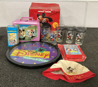 MICKEY MOUSE COLLECTIBLES INCLUDING ALARM CLOCK/ PHONE, GLASSES AND MORE