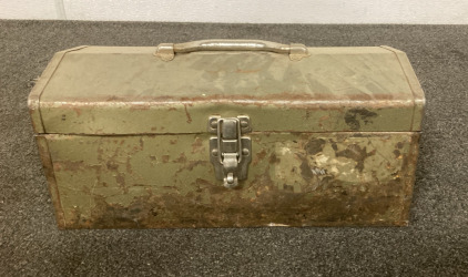 VINTAGE TOOL BOX WITH TOOLS INSIDE- PLYERS, SCREW DRIVERS, WRENCHES
