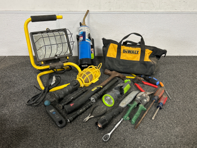 DEWALT TOOLBAG WITH TOOLS, SHOP LIGHTS, FLASHLIGHTS, AND TANK