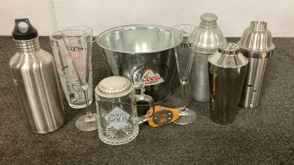 MR AND MRS WINE GLASSES, LIQUOR SHAKERS, ROLLED GOLD BEER STEIN, COORS LIGHT BUCKET, WOODEN BOTTLE OPENER