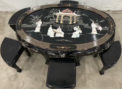 Vintage Chinese Mother Of Pearl Tea/Coffee Table W/(6) Matching Stools —SP9