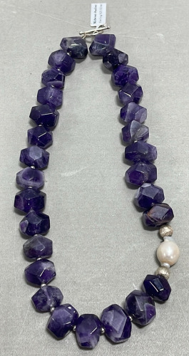 Genuine Midwest Amber Pearl And Amethyst, Sterling Silver Ladies Necklace