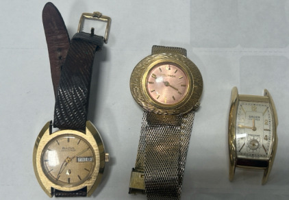 (1) Vintage BULOVA ACCUTRON Womans WRISTWATCH Gold Filled Case (1) Vintage Gruen Curvex 14k Solid Gold Watch (1) Bulova Accutron Lady’s Watch