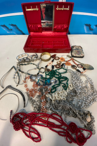 Red Jewelry Box w/ Mirror & An Assortment Of Necklaces & Earings