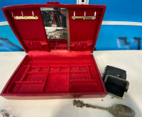 Red Jewelry Box w/ Mirror & An Assortment Of Necklaces & Earings - 2