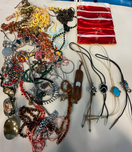 A Variety Of Jewelry, Including Necklaces, Bracelets, Bola Ties, & Watch