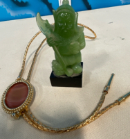 Wood Ring Holder Box, Gold Bolo Tie, Jaguar Gold Colombian Chain, & Jade Man - 4