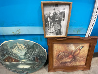 (3) Art Peices, 22”X 16” Oval Mountain Canvas Original, 21”X 18” Wood Frame Of Pheasant, & 11”X 9” Wood Frame Old Photograph SP8