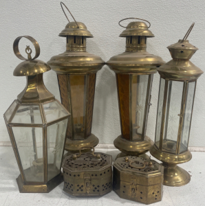 (4) Brass and Etched Rusted Hanging Lanterns (2) Peirced Copper Trinket Box