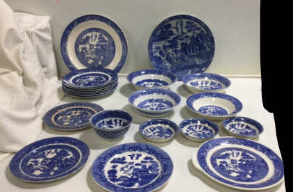 Japanese Themed, Assorted Plates and Bowls. Used. (21) Pieces