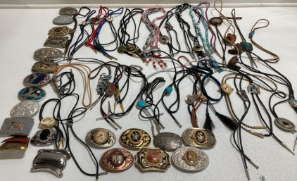 Large Assortment of Bolo Ties and Belt Buckles