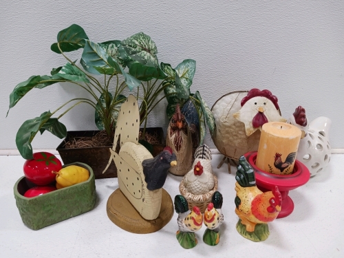 (1) Artificial Plant W/Rectangular Tin (2) 10" Wood Rooster Decor (1) Rooster Salt & Pepper Shakers & More!!