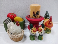 (1) Artificial Plant W/Rectangular Tin (2) 10" Wood Rooster Decor (1) Rooster Salt & Pepper Shakers & More!! - 3