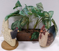 (1) Artificial Plant W/Rectangular Tin (2) 10" Wood Rooster Decor (1) Rooster Salt & Pepper Shakers & More!! - 4