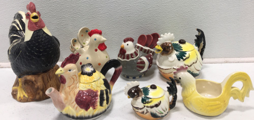 Assorted Rooster Themed Teapots, Sugar & Cream Dish’s, Measuring Spoons & Holder’s