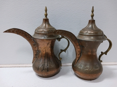 (2) Middle Eastern Antique Dallah Arabic Copper Coffee Pots