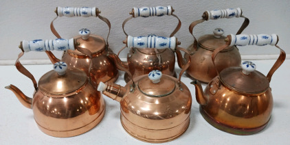 (6) Assorted Copper With Ceramic Handle Teapots With Lids