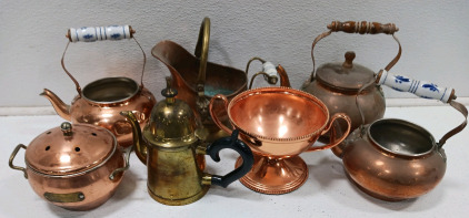 (3) Copper Teapots (1) Brass Teapot (3( Assorted Copper Pots