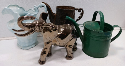 (3) Assorted Watering Jugs (1) Ceramic Elephant