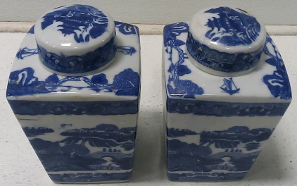 (2) Blue Oriental Style Glass Containers