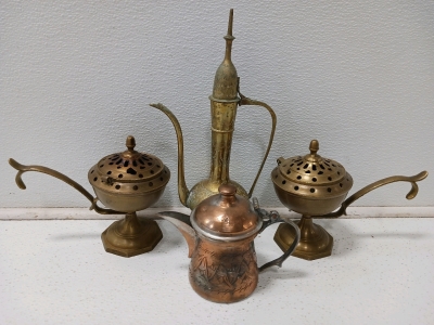 (2) Vintage Brass Incense Burners W/Ornate Handle (1) Vintage Dallah Arabic Copper Coffee Pot (1) Vintage Saran Hand Carved Ornate Brass Tea Server 12"