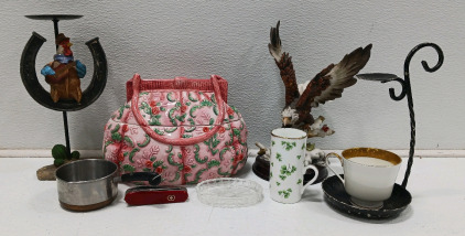 (1) Horseshoe/Rooster Candle Holder (1) Ceramic Purse Cookie Jar (1) Ceramic Eagle Statue (1) Swiss Army Multi-Tool & More!