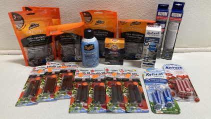 (5) ArmorAll Charcoal Odor Bags, (2) Ozium Air Sanitizers, (9) Car Vent Air Fresheners, (2) Aerosol Air Fresheners, (1) Arm & Hammer Car Air Freshener