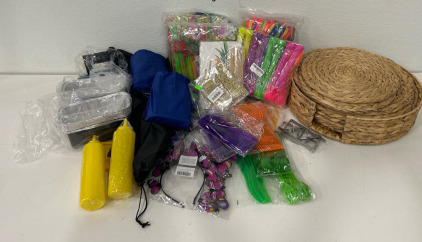 Party Supplies (2) Bags Of Straws (2) Bags Of Water Balloons (10) Packs Of Plastic Ware (6) Wicker Place Mats & More