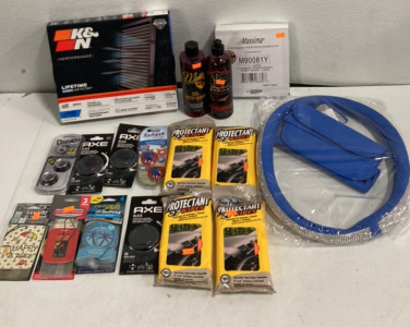 (1) K&N Performance Cabin Filter (4) Protective Cabin Wipes (1) Steering Wheel Cover (2) Car Wash Consentrates (8) Assorted Air Fresheners And More!