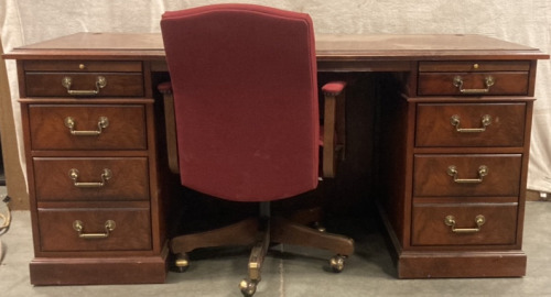 TWIN PEDESTAL EIGHT DRAWER DESK 66&rdquo;, RED SWIVEL CHAIR
