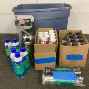 (10) CANS OF CRAJE LUBE, (3) TUBES OF MOLY GREASE, (3) CANS CHAIN & CABLE LUBE, (9) TUBES OF RED N TACKY GREASE, (2) CANS BATTERY TERMINAL SPRAY, RIGHT STUFF GASKET SYSTEM KIT