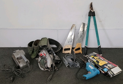 Tool Belt, Craftsman Power Saw, Corded Impact Drill, Staple Gun, Craftsman Belt Sander, Hedge Clippers, 2 Saws, Black & Decker Jig Saw
