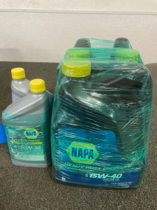 (2) QUARTS 10W-30 FULL SYNTHETIC NAPA OIL, (3) 1 GALLON JUGS 15W-40 NAPA HEAVY DUTY DIESEL OIL